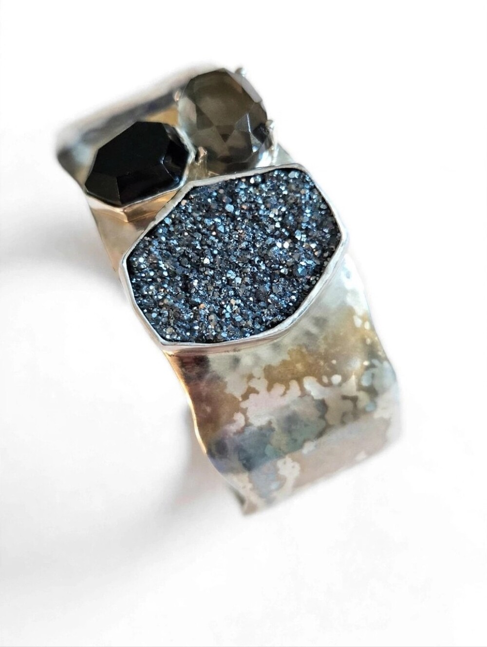 Sterling Silver Blue Druzy & Faceted Stone Cuff Bracelet